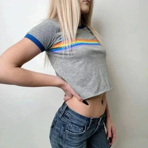 Disney Y2K 2000s Lilo Stitch rainbow stripe graphic Tee - M - Picture 3 of 5